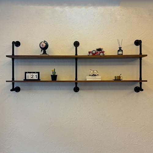 Industrial Pipe Wall Shelves Pipe Shelving with Real Wood Plank 70 Inches (2 Count)