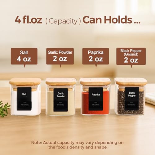 Glass Spice Jars with Labels 4 oz 12 Pack Small Square Bamboo Lids (12 Count)