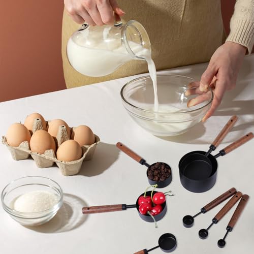 Stainless Steel Measuring Cups Set and Measuring Spoons Wooden Handle Metal Measure Cups and Spoons for Cooking and Baking