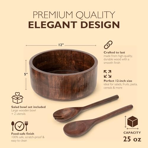 12" Dark Burnt Wooden Salad Bowl Set with Serving Utensils Eco
