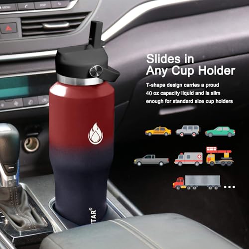 40oz Water Bottle Wide Mouth Stainless Steel Vacuum Insulated Double Wall with 2 Straw Lids Fit in Any Car Cup Holder