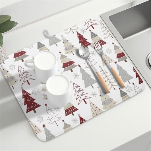 Christmas Tree Dish Drying Mat for Kitchen Counter Christmas Pine Tree Dish Drying Mat 18x24 Inch Geometric Winter Dish Draining Mat Absorbent Reversible Dish Pad Kitchen Accessories Table Protector