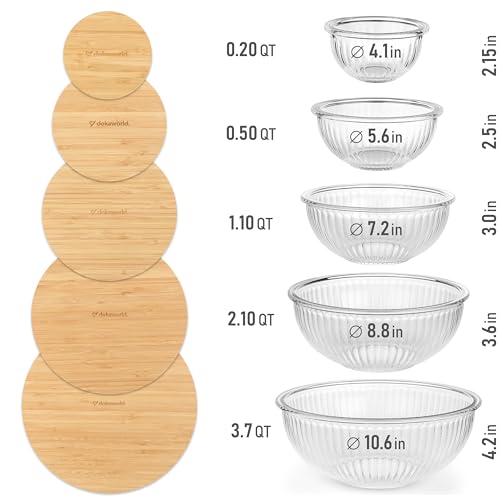 Stackable Glass Mixing Bowls with Bamboo Lids Set of 5