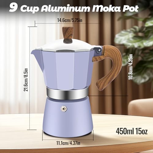 9 Cup Aluminum Moka Pot Classic Stovetop Espresso Coffee Maker 450ml 15oz Coffeemaker Percolator Mocha Pot Greca Coffee Maker Cafe Makers for Italian and Cuban Café Brewing Purple