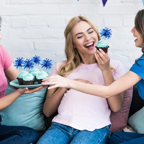 30Pcs Foil Firework Cupcake Toppers Happy Birthday Cake Toppers Sparkle Tinsel Flower Drink Stirrers Cocktail Food Fruit Toothpicks for Valentine's Day Party Supplies Blue (30 Count)