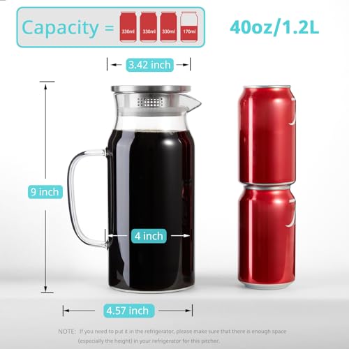 2 Pack 1.2 Liter 40 oz Small Glass Pitcher with Lid and Handle (2 Count)