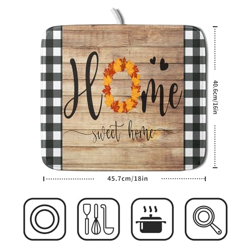 Home Sweet Home Dish Drying Mat 16x18 Inch Fall Autumn Maple Leaf Wreath Dish Drainer Mats Rustic Brown Wood Board Microfiber Dish Drying Rack Pad for Kitchen Countertop Farmhouse Decor