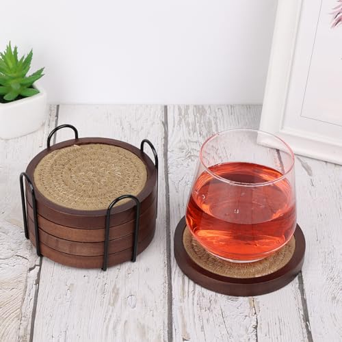 5 Pack Wooden Coasters with Holder for Coffee Table Decor (5 Count)