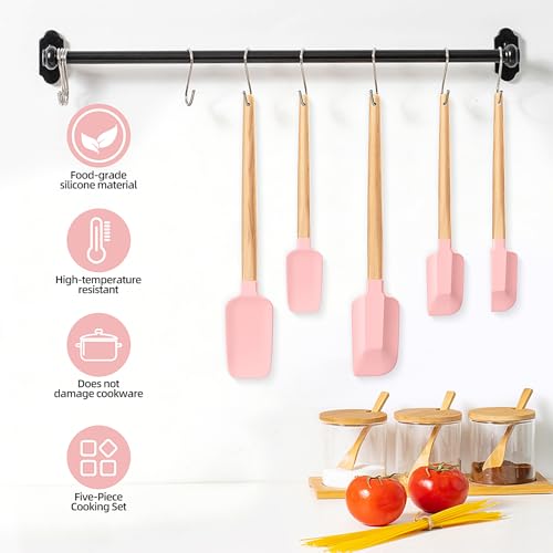 Wooden Handle Silicone Rubber Spatula Set 5 Piece for Kitchen Baking (5 Count)