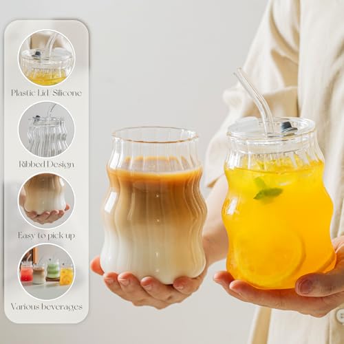 4PCS Ribbed Glass Cups with Lids & Straws