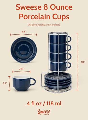 8 Ounce Porcelain Stackable Cappuccino Cups with Saucers and Metal Stand