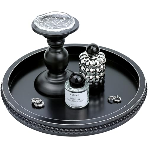 Round Black Wood Serving Tray with Beads