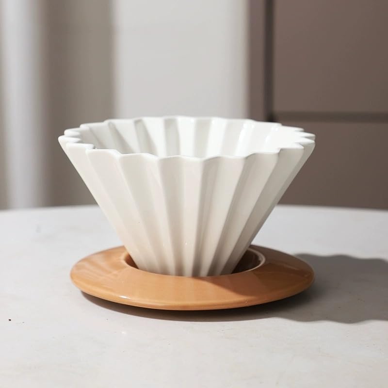 Ceramic Coffee Dripper Pour Over Coffee Maker with Wood Stand Elegant Flower Shape Filter