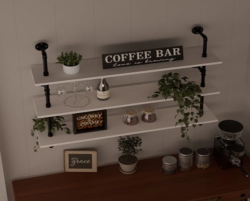 Industrial Pipe Shelving Rustic White Pipe Wall Shelves Industrial Shelves with Wood Planks Floating Shelves 48 Inch Farmhouse Bathroom (3 Count)