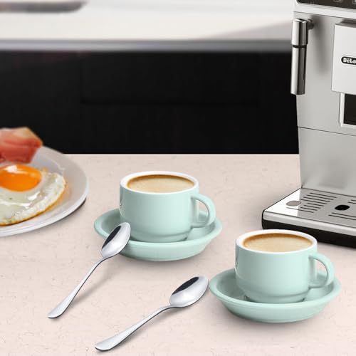 Premium Espresso Shot Cups and Saucers Set with Espresso Stainless Steel Spoons (6 Count)