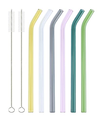 6 Reusable Colorful Curved Glass Straws (6 Count)