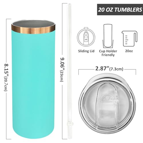 20 oz Skinny Tumblers Bulk with Lids and Straws Mint Green