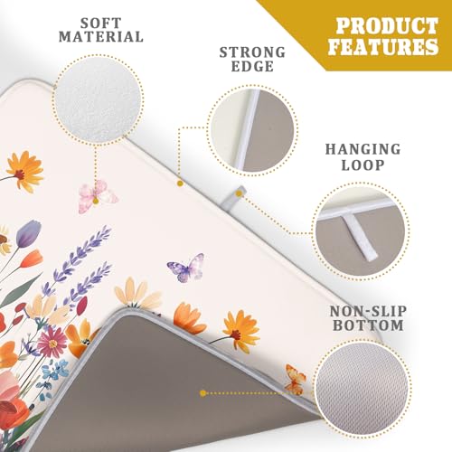 Spring Summer Flowers Dish Drying Mat for Kitchen Counter 18"x24" Colorful Floral Drying Mat Soft Absorbent Microfiber Farmhouse Fluttering Butterfly Dish Drainer Rack Mats for Counter tops