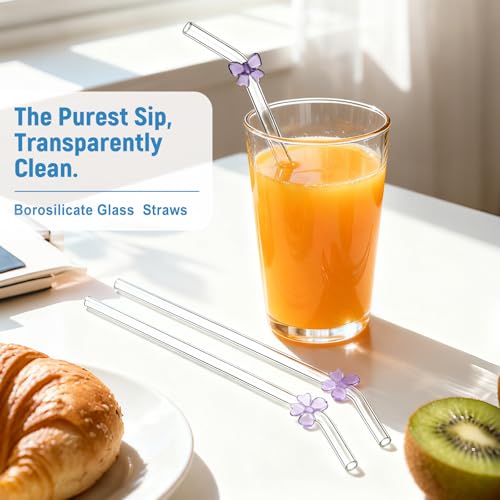 8pack Purple Bow Glass Straws with Charms (8 Count)