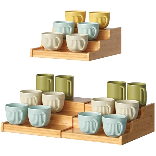 3 Tier Expandable Bamboo Mug Holder For Countertop Coffee Cup Holder Display Mug Organizer Mug Rack for Coffee Bar Organizer Mug Shelf for Cabinet for Kitchen (16 Ounce)