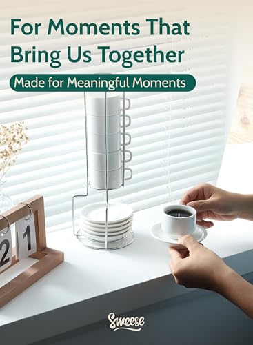 2.5 Ounce Porcelain Stackable Espresso Cups with Saucers and Metal Stand Set of 4 (4 Count)