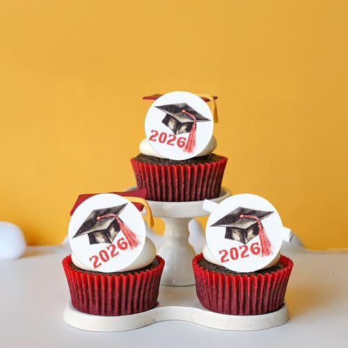 48Pcs Edible 2026 Graduation Cap Cupcake Toppers Wafer Paper Class of 2026 Grad Cap Cupcake Picks for 2026 Graduation Theme Party Cake Decorations Supplies Red (48 Count)