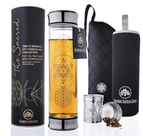 Double Walled Glass Tea Infuser Bottle 14oz Portable Travel Mug with Strainer and Sleeve for Loose Leaf Tea
