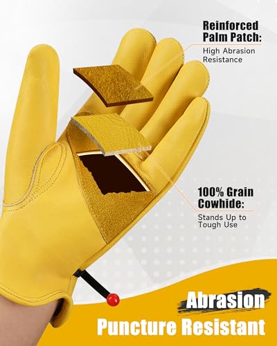Adjustable Cowhide Leather Work Gloves for Men 1 Pair Golden L