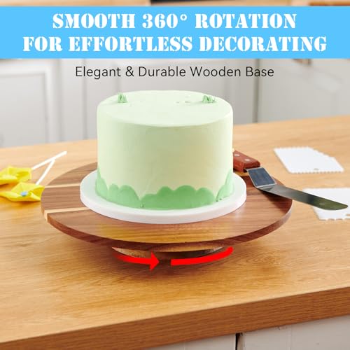61 Pcs Cake Decorating Kit with 12" Wooden Cake Stand Turntable Includes Piping Tips (61 Count)