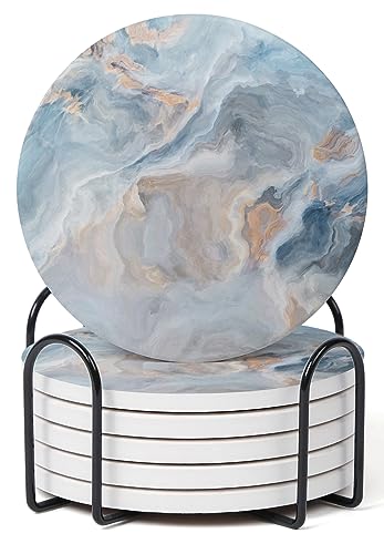 Set of 6 Abstract Blue Marble Coasters with Holder (6 Count)