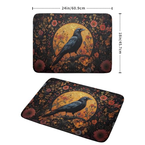 Vintage Crow Dish Drying Mat 18"x24" Gothic Black Raven Boho Flowers Dish Drainer Mats Rustic Halloween Farmhouse Reversible Large Dish Drying Pad Protector for Kitchen Countertop Decor