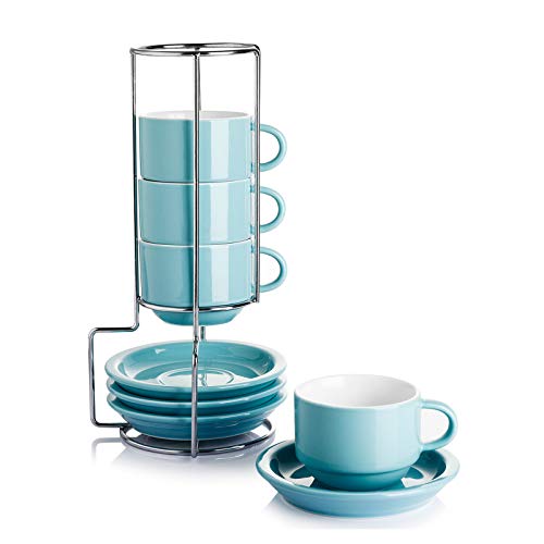 2.5 Ounce Porcelain Stackable Espresso Cups with Saucers and Metal Stand Set of 4
