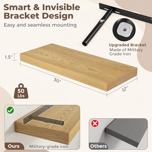 30 Inch Oak Floating Shelves for Wall (2 Count)