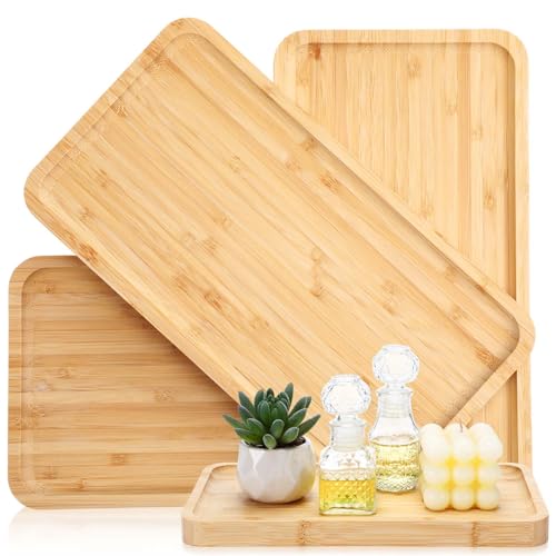 3 Pcs Bamboo Tray for Bathroom Bamboo Vanity Bathroom Counter Organizer Decorative Tea Serving Tray for Dresser Coffee Table Home Toilet Tank Candle Perfume (3 Count)