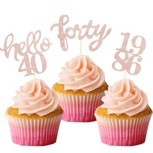 Rose Gold Glitter 40th Birthday Cupcake Toppers (24 Count)