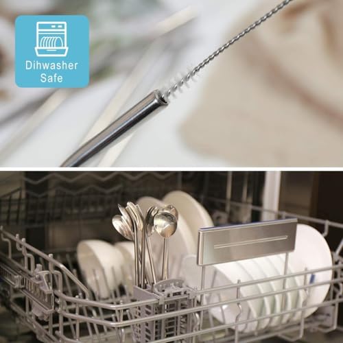8pcs 2 in 1 Stainless Steel Straws Spoons with 2pcs Cleaning Brushes