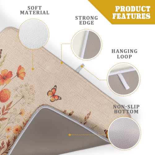 Rustic Fall Flowers Dish Drying Mat Retro Autumn Orange Floral Butterfly Dish Drainer Mats 18"x24" Microfiber Reversible Dish Drying Rack Pad Protector for Kitchen Countertop Decor