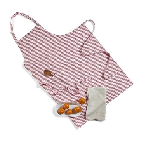 100% Pure Linen Full Midi Bib Apron Red and White