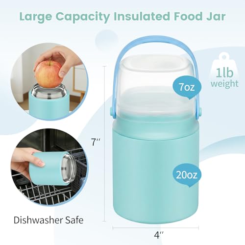 2-in-1 Thermos for Hot Food with Snack Box Container - 20oz Stainless Steel Insulated Food Container with Handle and Spoon, Leak Proof Bento Box Kids Adult for School Lunch Office, Blue