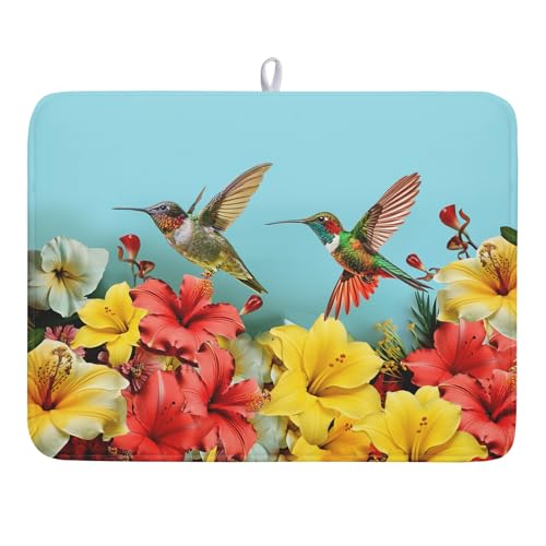 Hummingbirds Floral Dish Drying Mat for Kitchen Counter 18x24 In Hibiscus Tropical Drying Mat Farmhouse Fast Dry Absorbent Microfiber Dish Drainer Rack Pad Mat for Countertop Decor