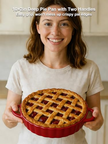 10×2in Deep Ceramic Pie Pan with Handles for Pie Quiche Tart Baking. Easy to grip