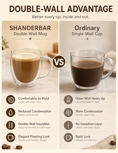 8.5oz Double Walled Glass Coffee Mugs with Handles (4 Count)