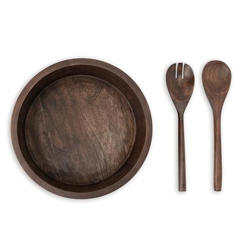 12" Dark Burnt Wooden Salad Bowl Set with Serving Utensils Eco