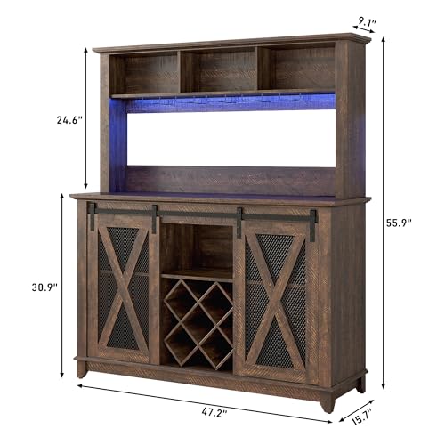47"Wide 56"H Farmhouse Coffee Bar Cabinet with Power Outlet and LED Light