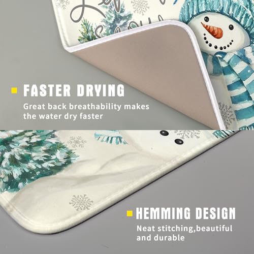 Blue Snowman Dish Drying Mat Xmas Trees Bird Winter Snowy Scene Dish Drainer Mats 16"x18" Microfiber Reversible Dish Drying Rack Pad Protector for Kitchen Countertop Decor