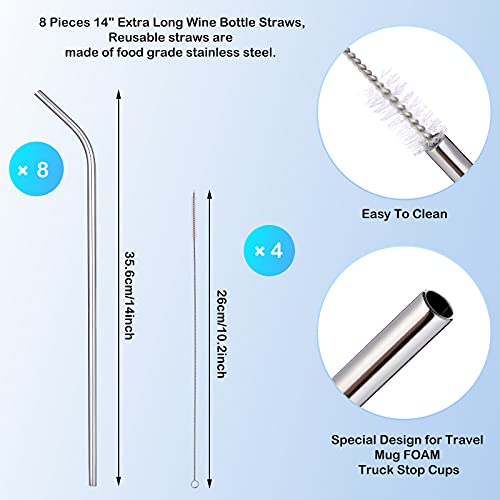 8 Pieces 14 Inch Reusable Stainless Steel Straws Long Drinking Straws for 100 oz Tumblers