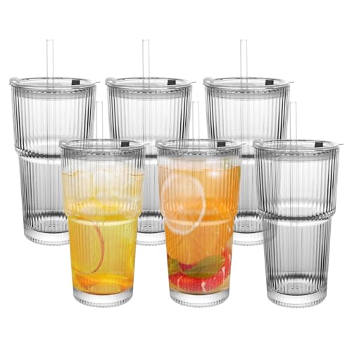 20oz Ribbed Drinking Glasses with Lids and Glass Straws