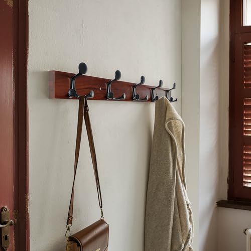 30 Inch Cherry Wood Coat Rack Wall Mount with 5 Triple Hooks
