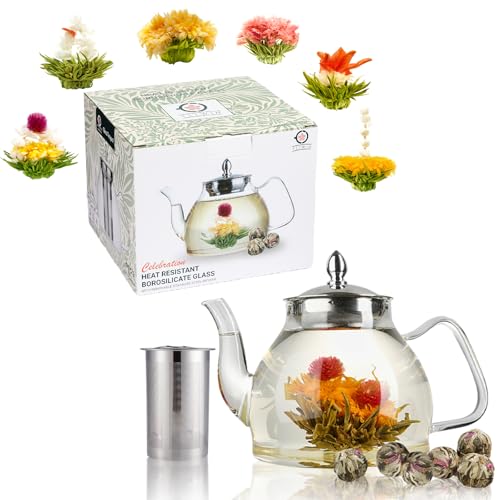 Glass Teapot Including 6 Blooming Flower Tea Balls