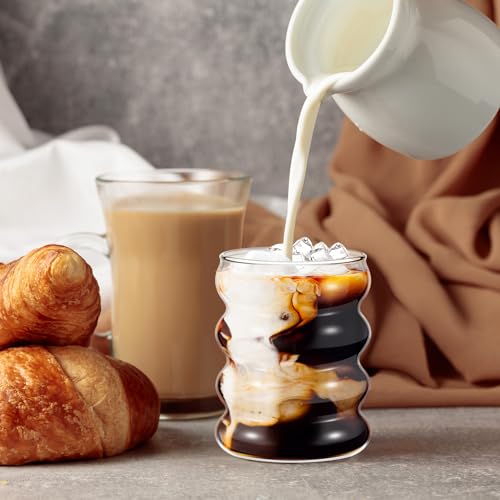4 Pcs Creative Glass Cups Vintage Drinking Glasses Ribbed Glassware Aesthetic Cup Entertainment Dinnerware Glassware with Straws Set for Kitchen Coffee Beverage (4 Count)